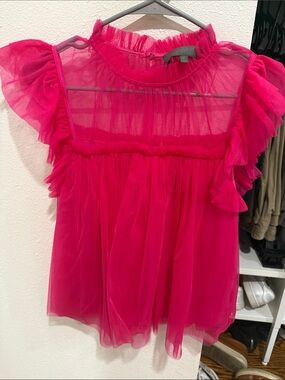 Sunday in Brooklyn Hot Pink Ruffle Mesh Blouse